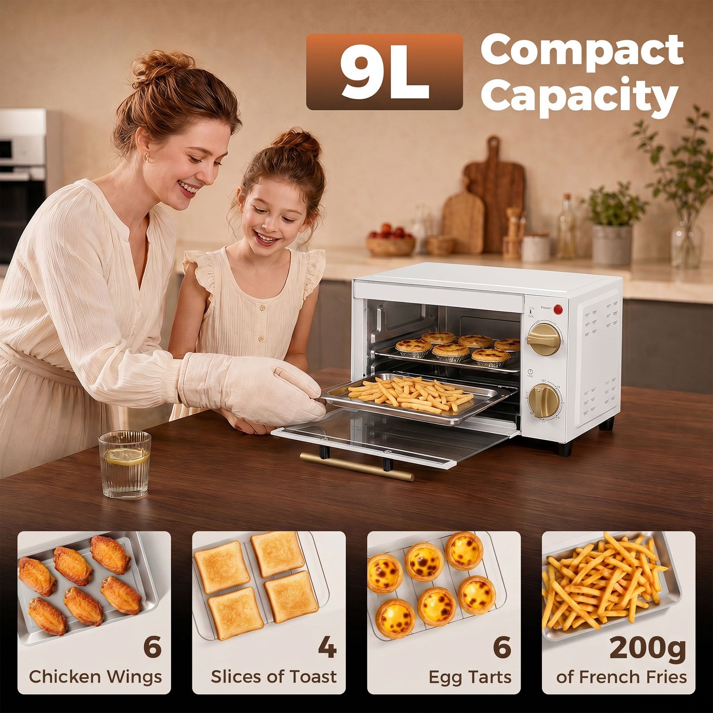 HOMCOM 9L Mini Toaster Oven With Adjustable Temperature And Timer 750W White Includes Wire Rack And Tray