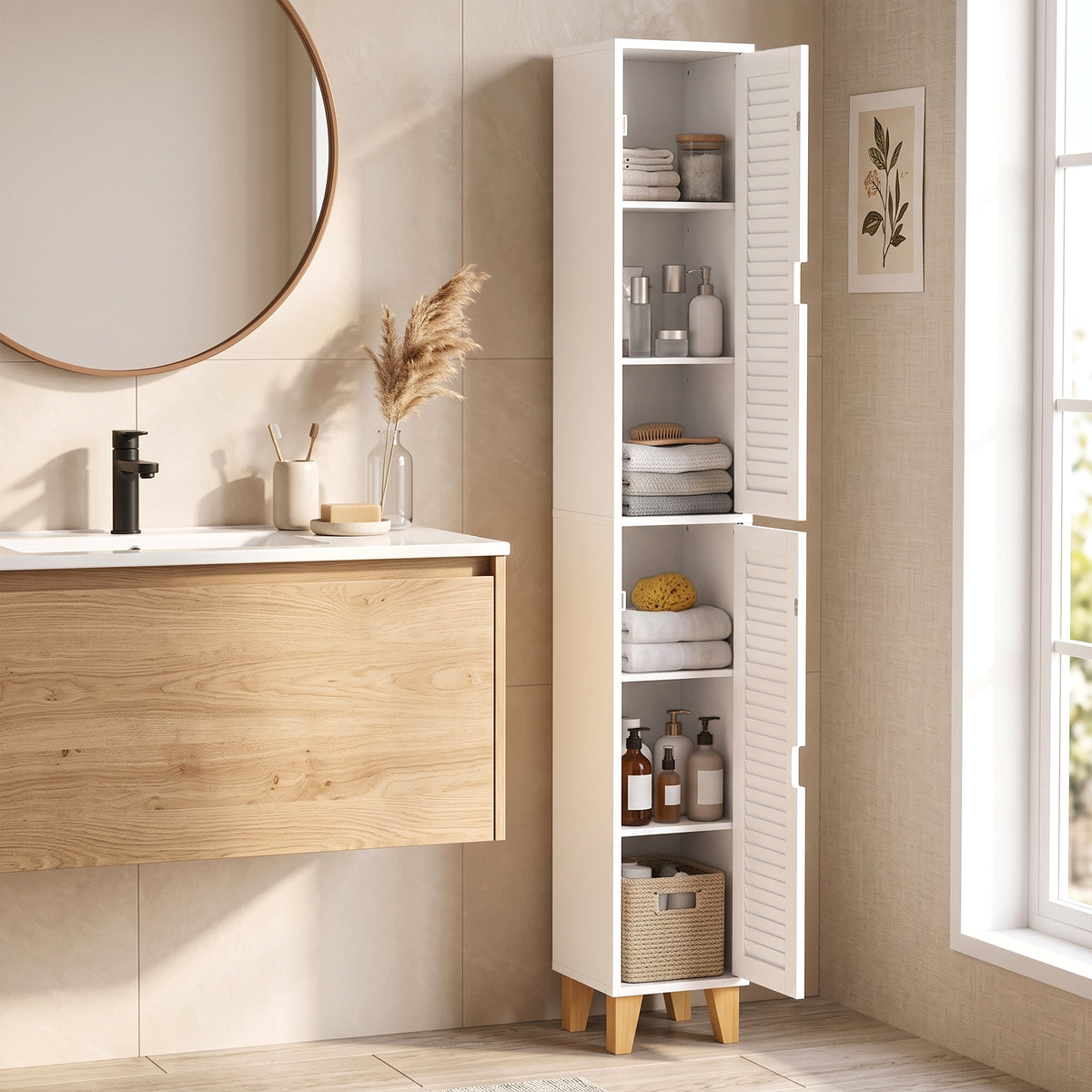 Tall White Bathroom Cabinet With Louvered Doors And Adjustable Shelf Storage