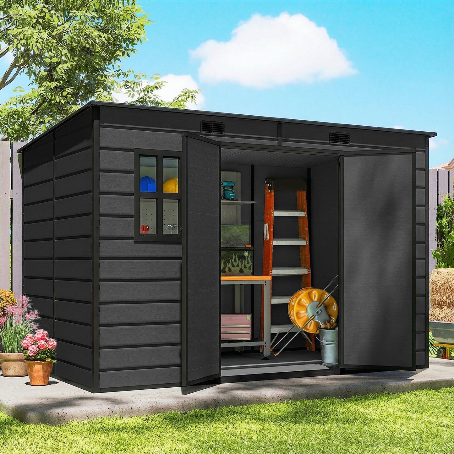 Outsunny 10x6 Ft Resin Garden Shed Outdoor Storage Shed With Floor Windows Lockable Doors And Vents Dark Grey