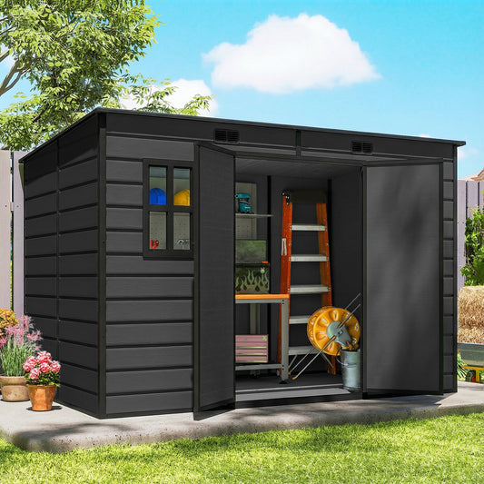 Outsunny 10x6 Ft Resin Garden Shed Outdoor Storage Shed With Floor Windows Lockable Doors And Vents Dark Grey