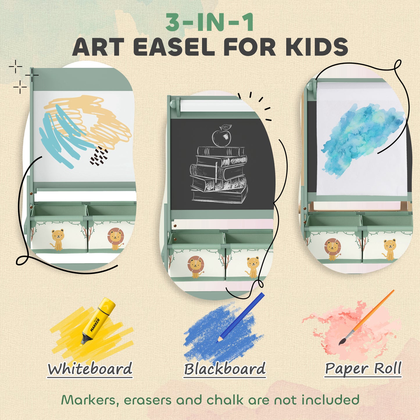 AIYAPLAY Art Easel For Kids Double Sided Whiteboard Chalkboard And Paper Roll Storage Boxes Ages 3 To 8 Green
