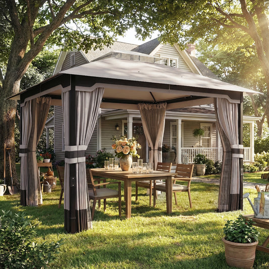 Outsunny 3 by 3.6 m Outdoor Garden Gazebo with Netting and Curtains Permanent Pavilion Two Tier Roof Khaki