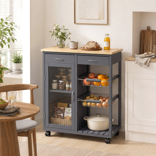 HOMCOM Bamboo Kitchen Island Rolling Trolley With Glass Door And Two Metal Wire Baskets Adjustable Shelf Grey