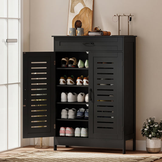 HOMCOM Shoe Cabinet With Louvered Doors, Modern Shoe Storage Cabinet With Drawer And Adjustable Shelves, Black