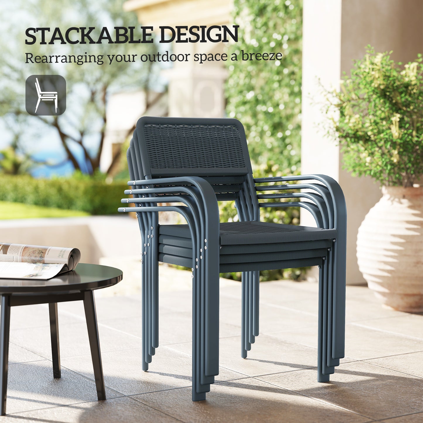 Outsunny Set Of 4 Stackable Rattan Chairs With Armrests Weather Resistant And Lightweight For Patio Balcony Dark Grey