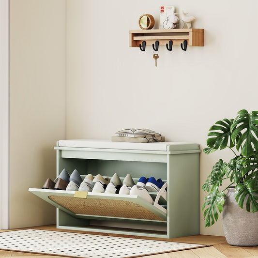 HOMCOM Boho Shoe Bench With Padded Seat And Flip Drawer Linen Feel Fabric Entryway Storage In Light Green