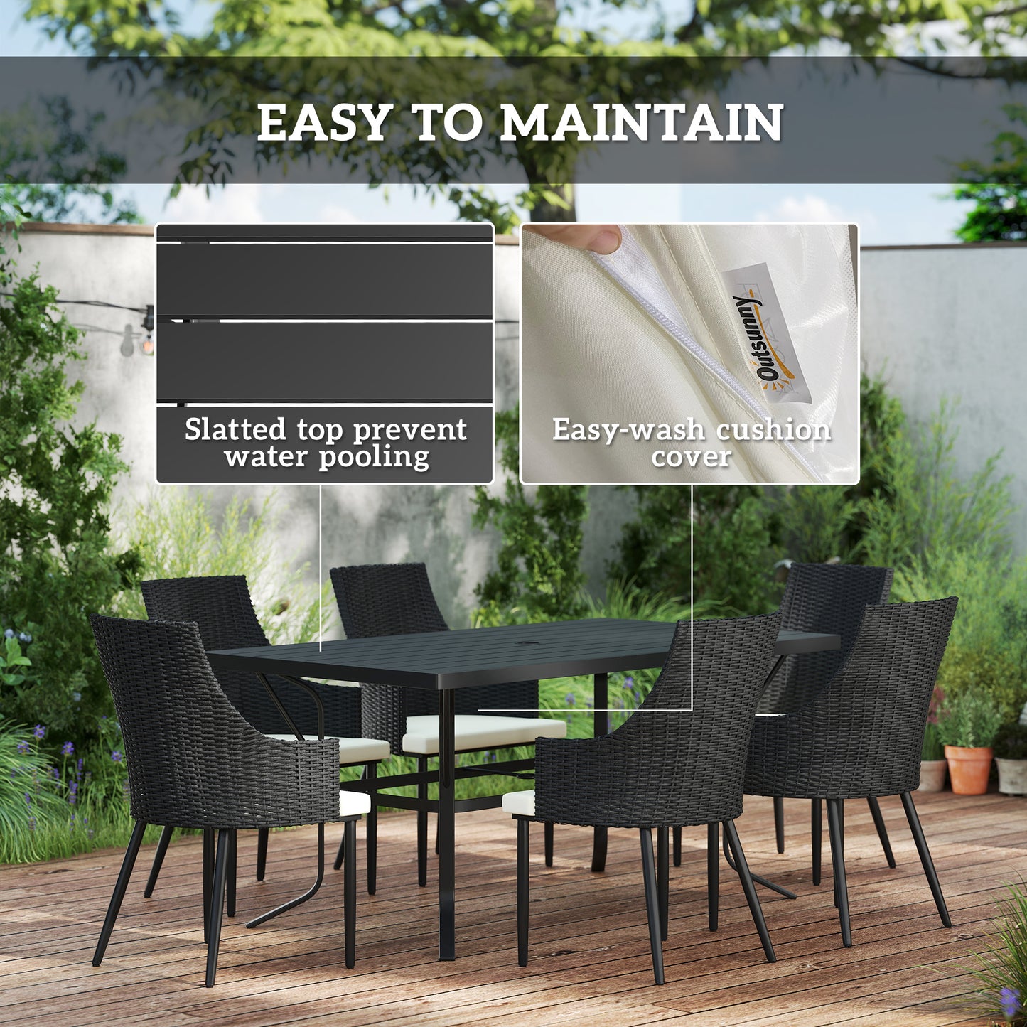 Outsunny 6 Seater Rattan Dining Set With Cushions, Rectangle Slatted Table Top, Steel Frame, Parasol Hole, Cream White