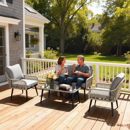 Outsunny Rattan Garden Furniture Set 4 Piece Outdoor Patio Set With Tempered Glass Table And Cushioned Chairs