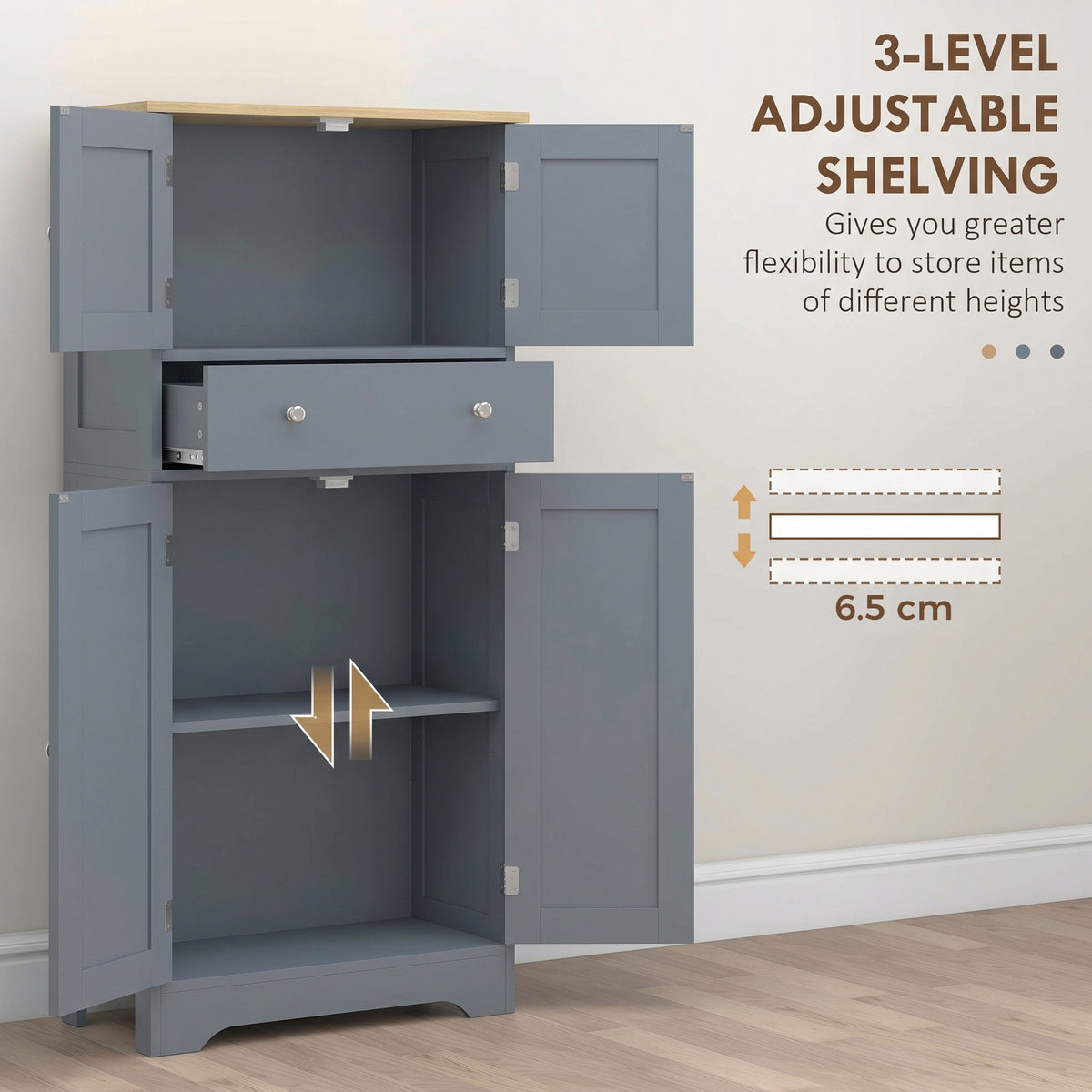 HOMCOM Grey Blue Freestanding Kitchen Cabinet With Doors Drawer And Shelves