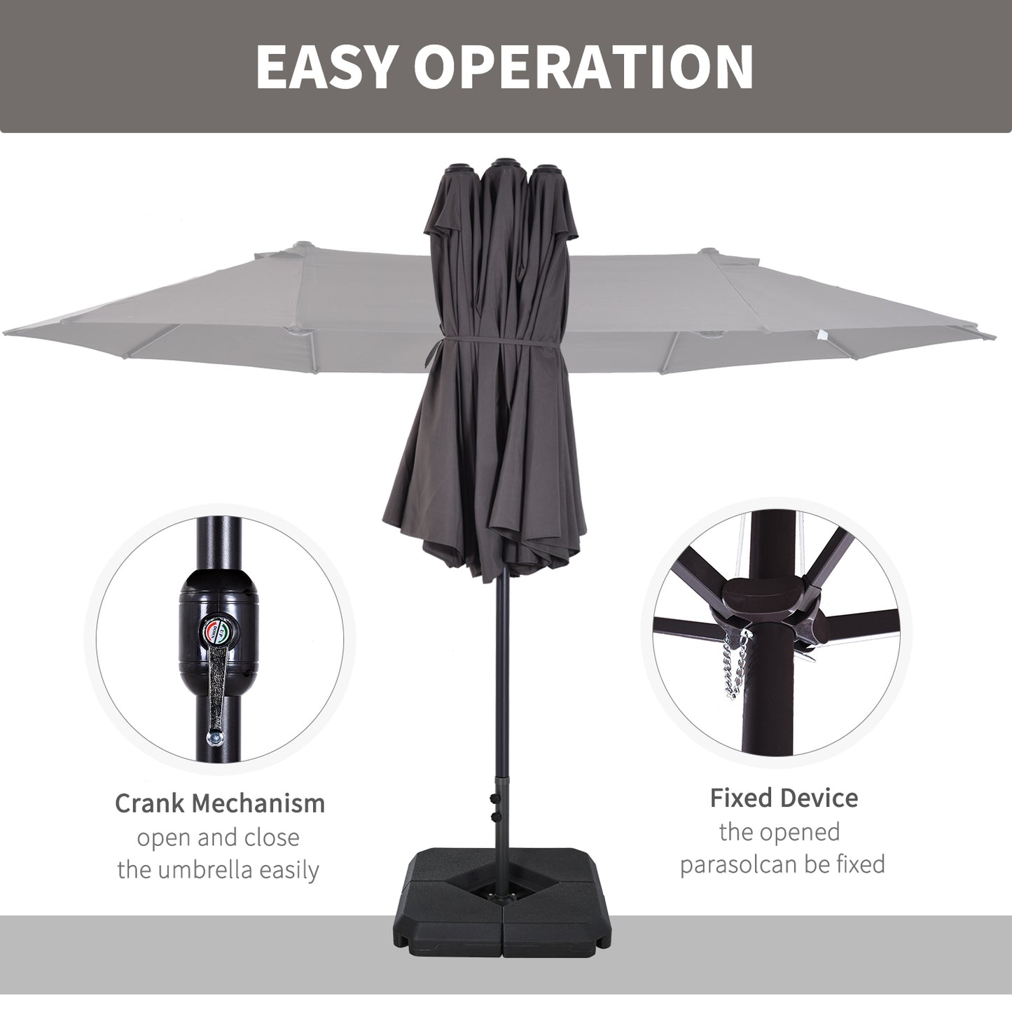 Outsunny 4.6m Double-Sided Patio Umbrella with Crank Lift and Steel Base - Grey Garden Canopy Shade - ALL4U RETAILER LTD