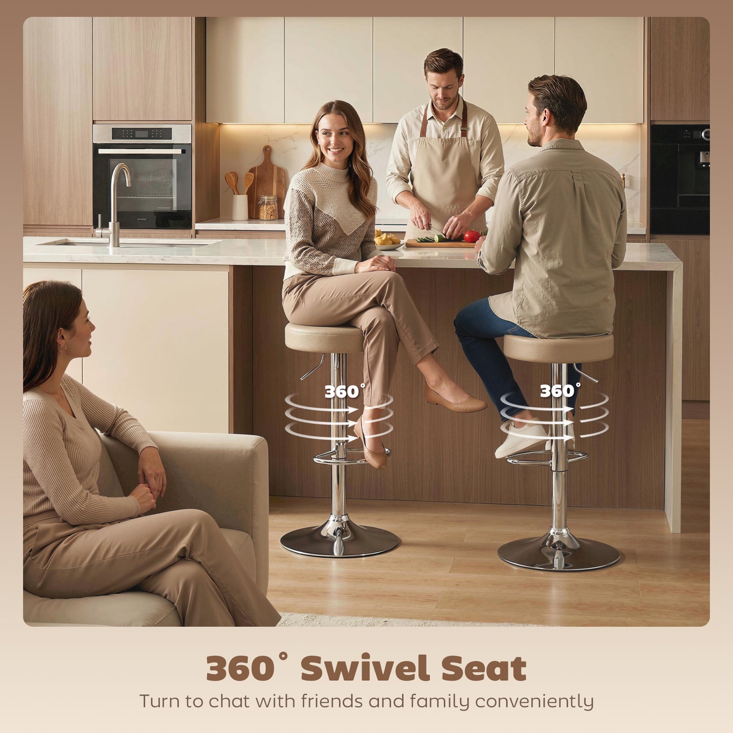 HOMCOM Bar Stools Set Of 2 Modern PU Leather Swivel Height Adjustable Breakfast Bar Chairs With Footrest Brown