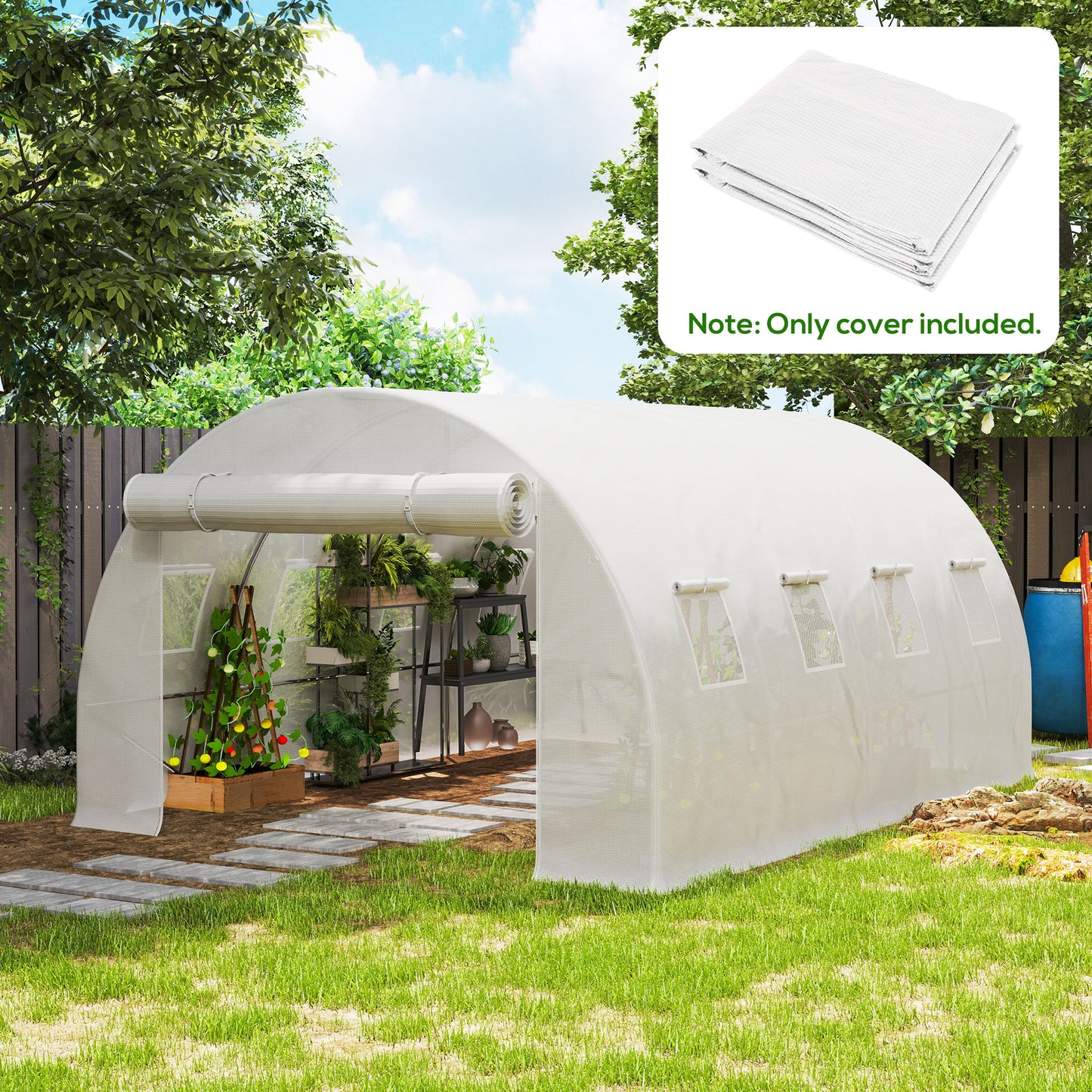 Outsunny 4x3x2m Polytunnel Replacement Greenhouse Cover White PE Mesh With Roll Up Windows And Door