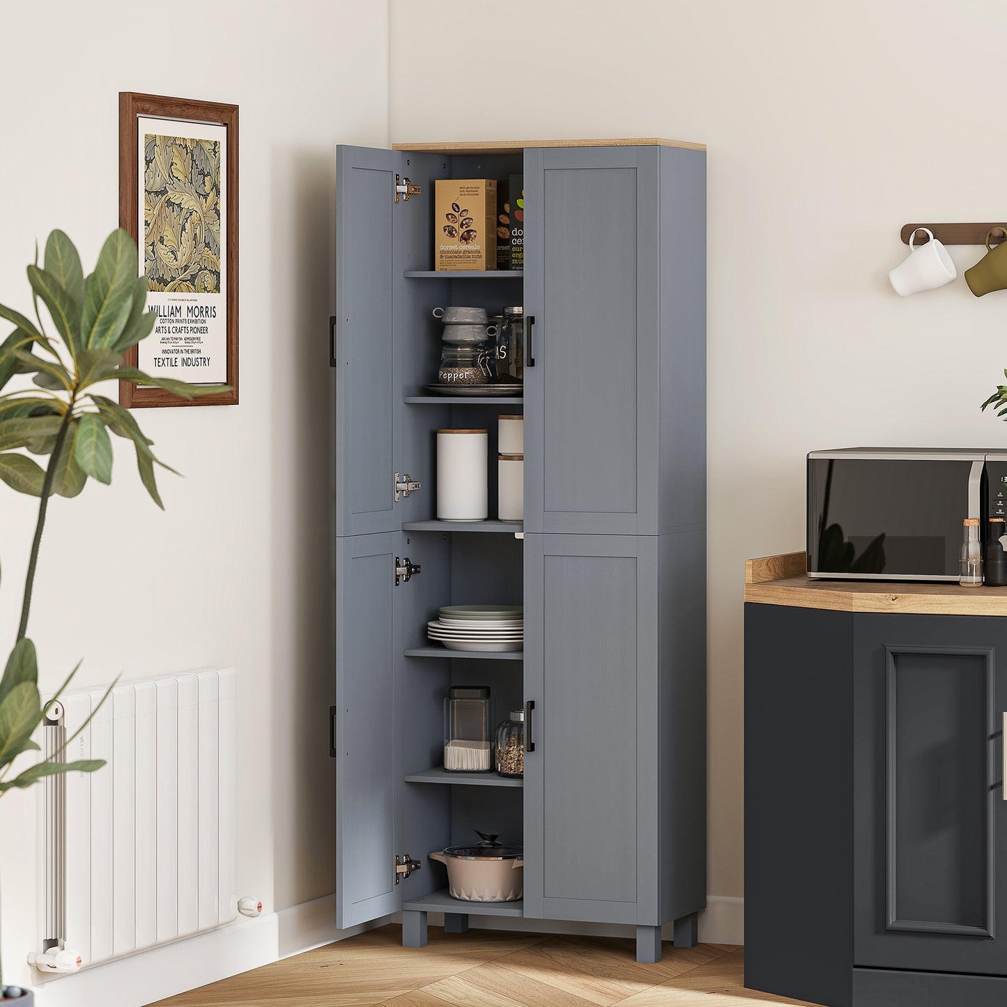 HOMCOM Freestanding Kitchen Cupboard 4-Door Storage Cabinet With Adjustable Shelves Grey Wood Effect 170cm Tall