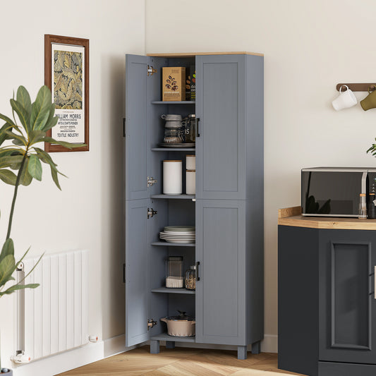 HOMCOM Freestanding Kitchen Cupboard 4-Door Storage Cabinet With Adjustable Shelves Grey Wood Effect 170cm Tall