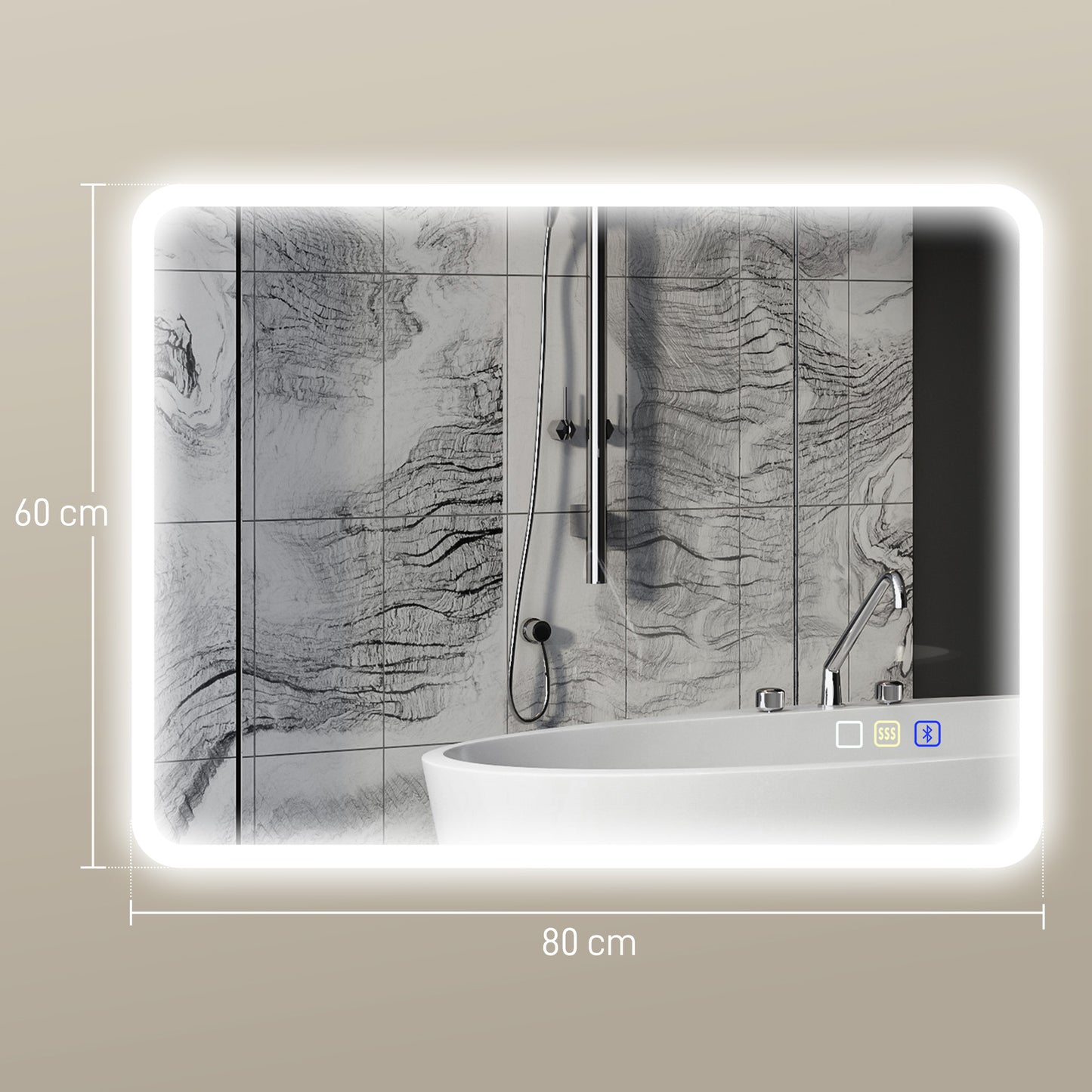 HOMCOM 80x60cm LED Bathroom Mirror With Bluetooth Demister Pad Adjustable Brightness Three Light Modes Silver Tone