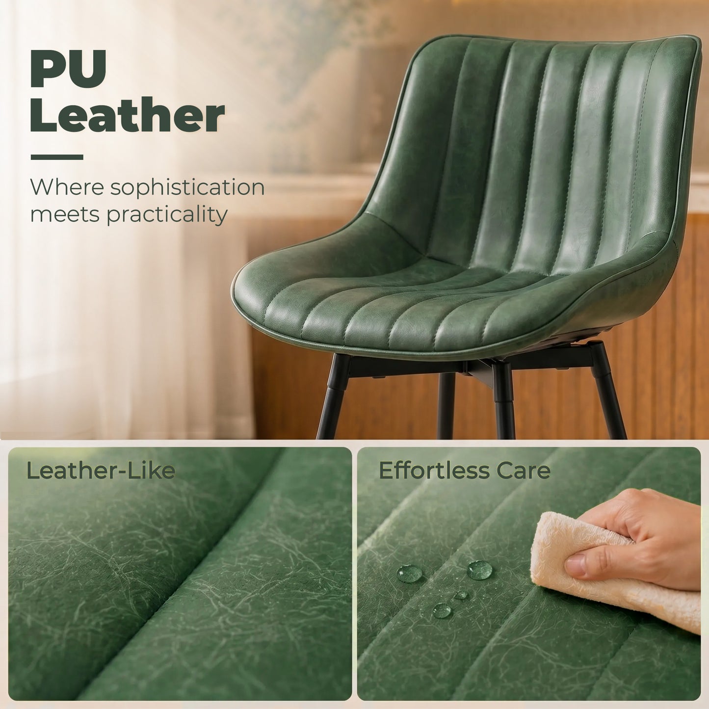 HOMCOM Set Of 2 PU Leather Swivel Bar Stools Dark Green For Kitchen Island With 360 Degree Swivel
