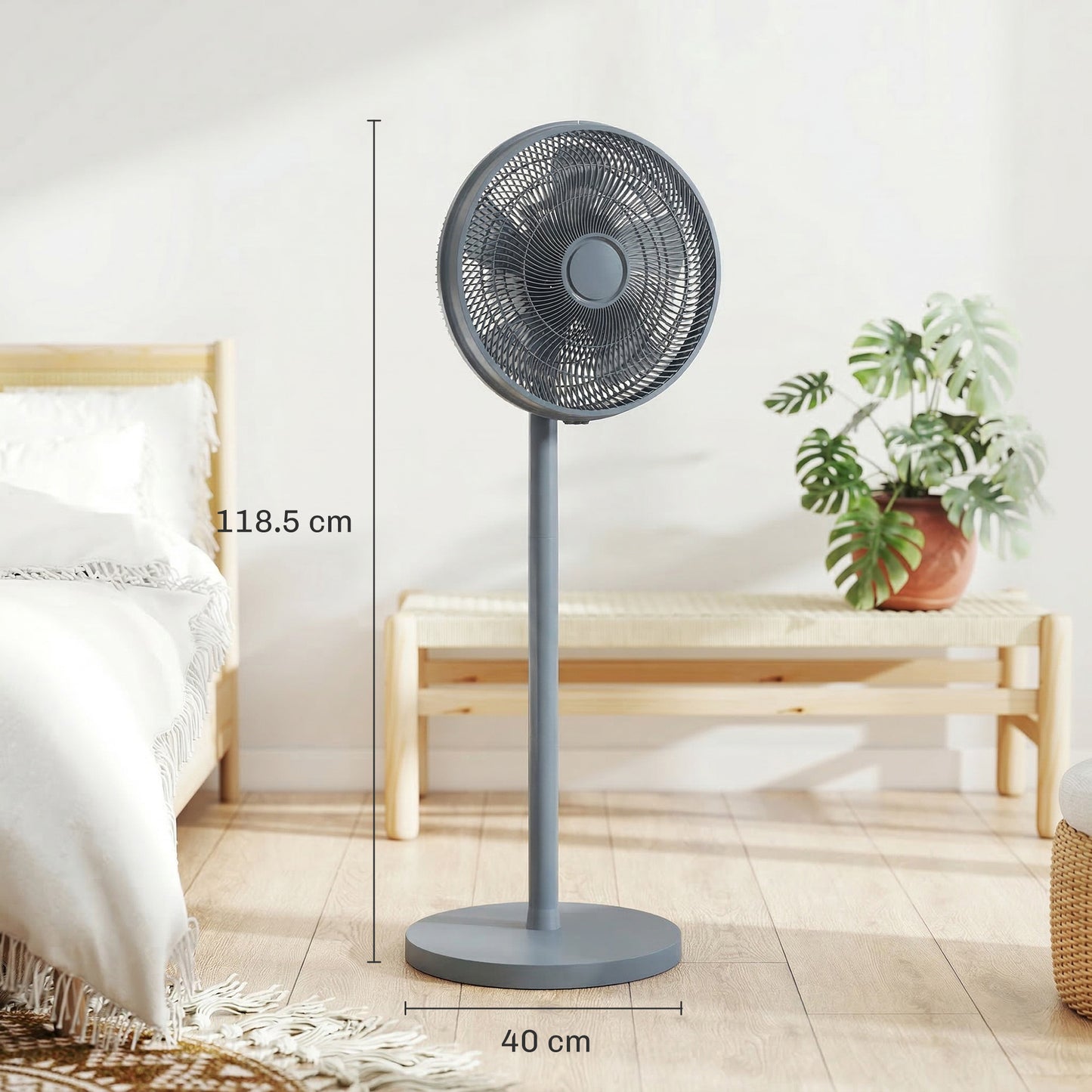 HOMCOM 40 cm Standing Fan With 80 Degree Oscillation Adjustable Tilt And Height 4 Speeds Remote Control Grey