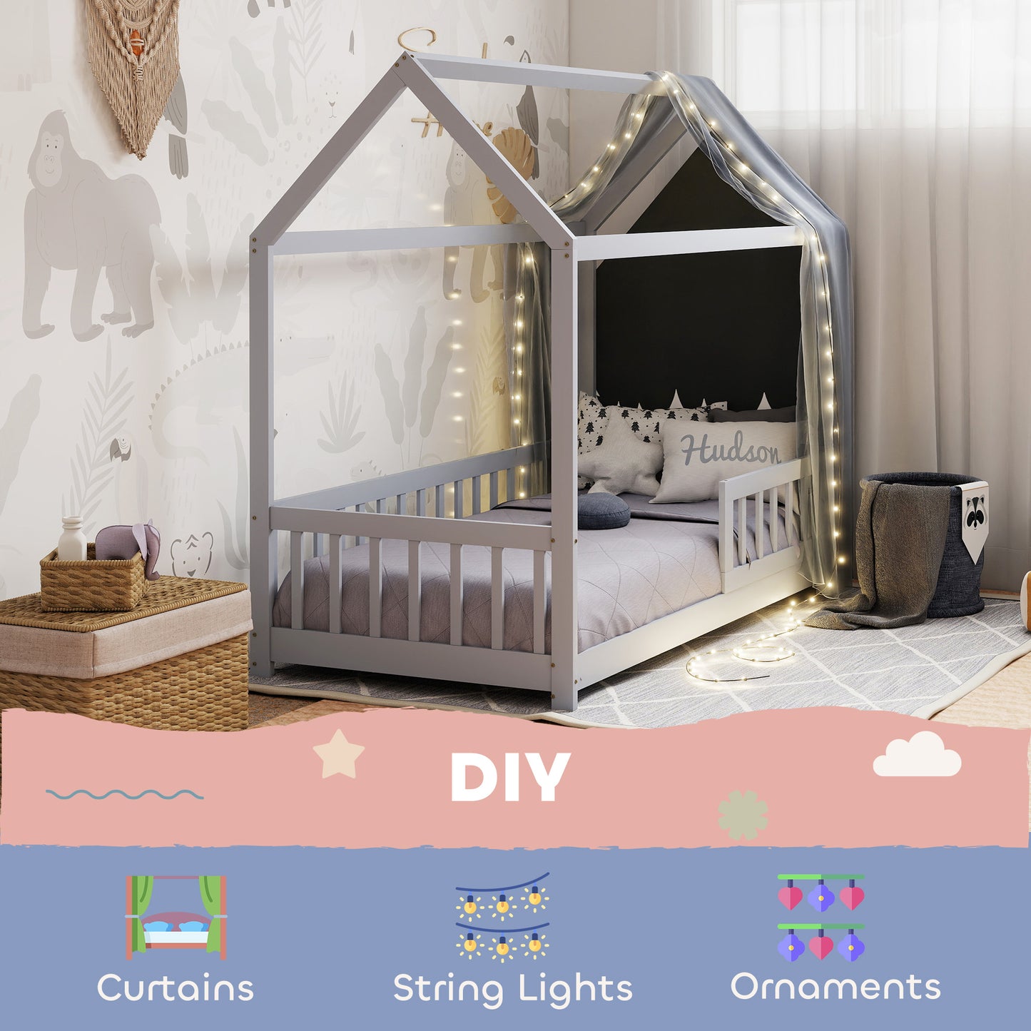 HOMCOM House Shaped Kids Bed Frame With Guard Rails Solid Pine Wood Single Bed Frame For Kids Boys And Girls Grey