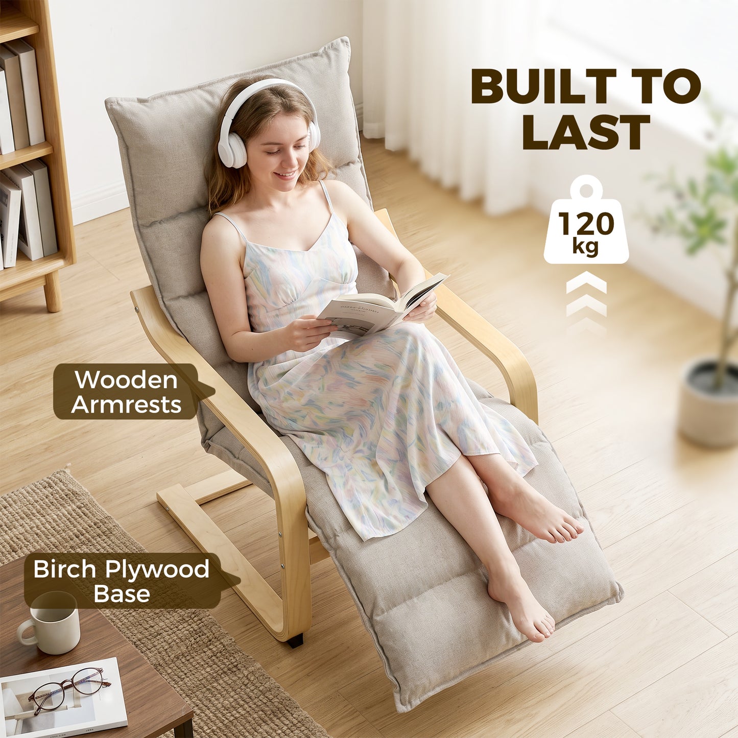 HOMCOM Curved Wooden Accent Armchair With Adjustable Footrest 12cm Padded Seat Velvet Feel Upholstery Light Brown