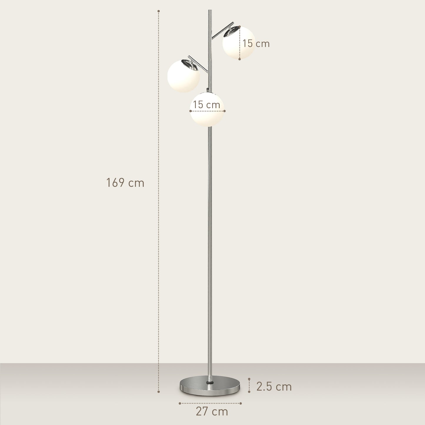 HOMCOM 3 Light Tree Floor Lamp With Globe Shades Modern Standing Lamp Living Room Bedroom 3000K 4000K 6000K Silver Tone