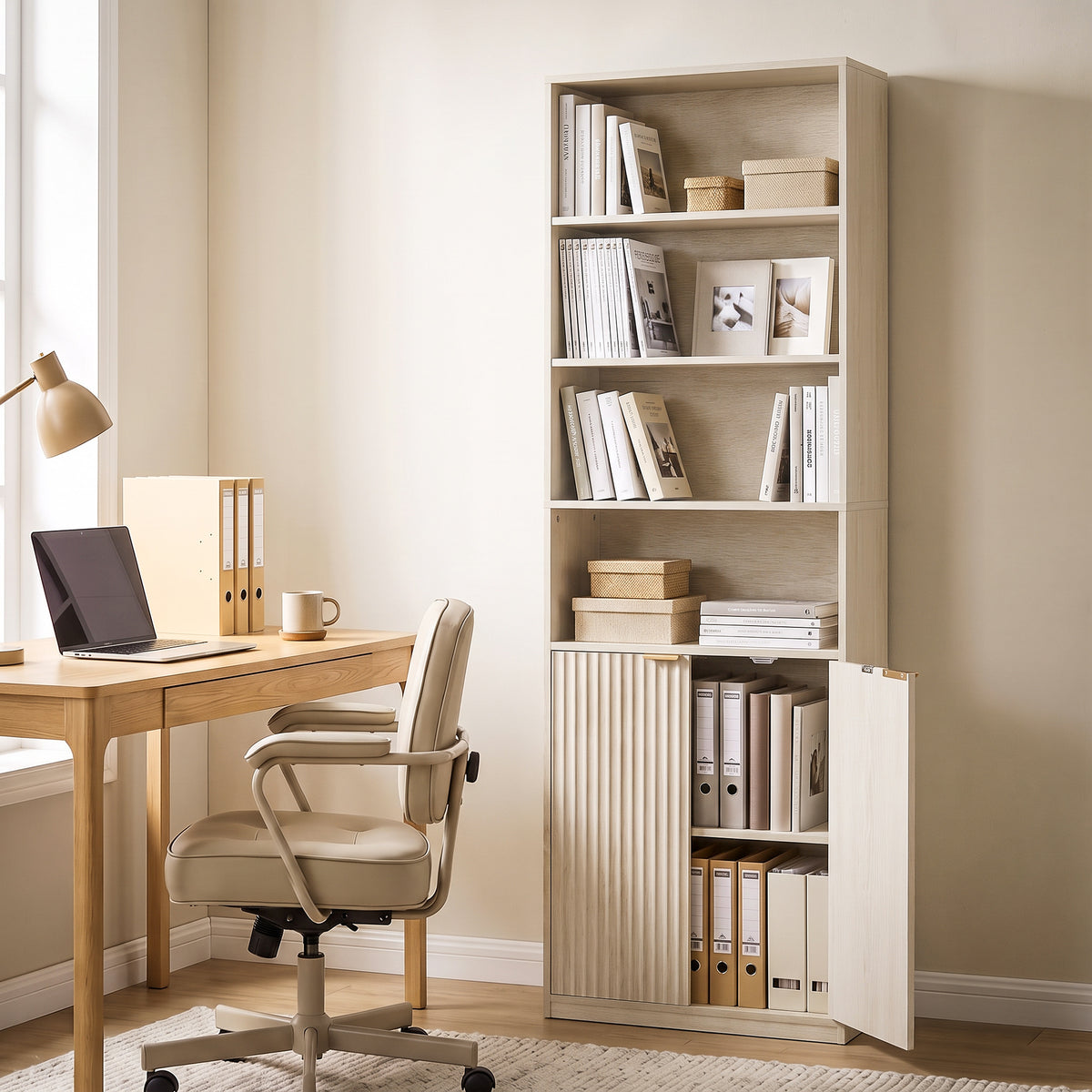 HOMCOM 6 Tier Small Bookshelf Slim Storage Unit With Cabinet Oak Effect