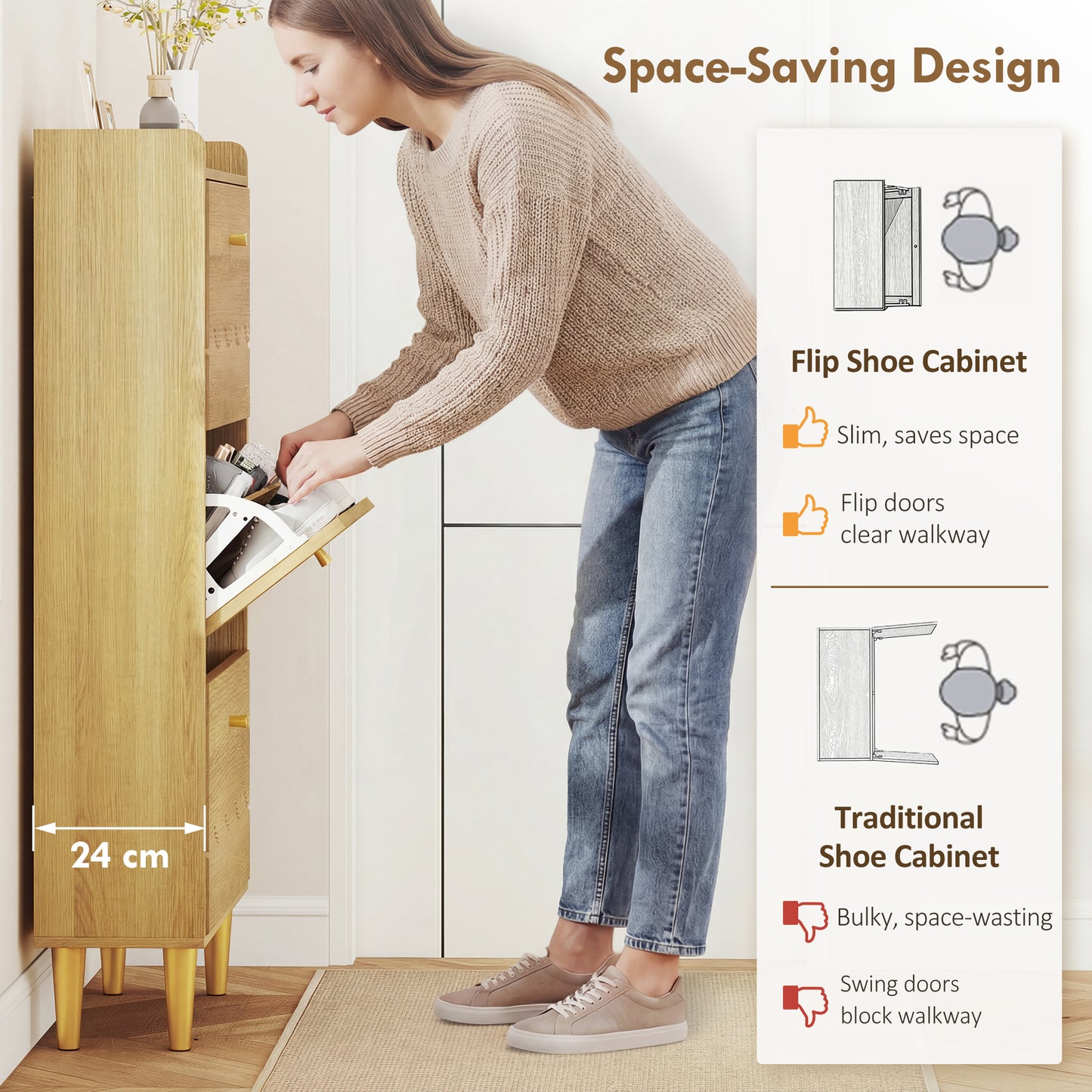 HOMCOM Narrow Shoe Cabinet Modern Shoe Storage With 3 Flip Drawers Oak Finish Slim 24cm Depth For Narrow Hallways