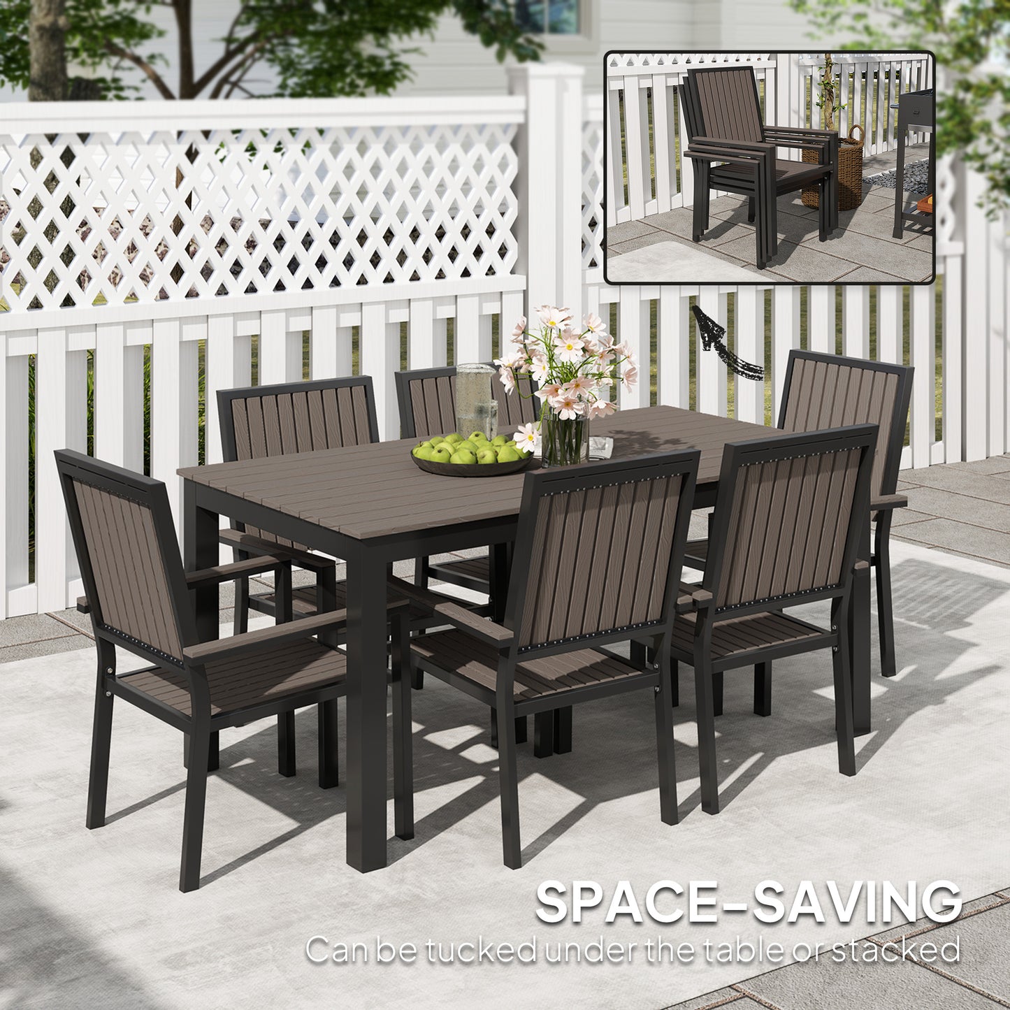 Outsunny 6 Seater Outdoor Garden Dining Set With Stackable Chairs Aluminium Frame Rectangular Plastic Top Brown