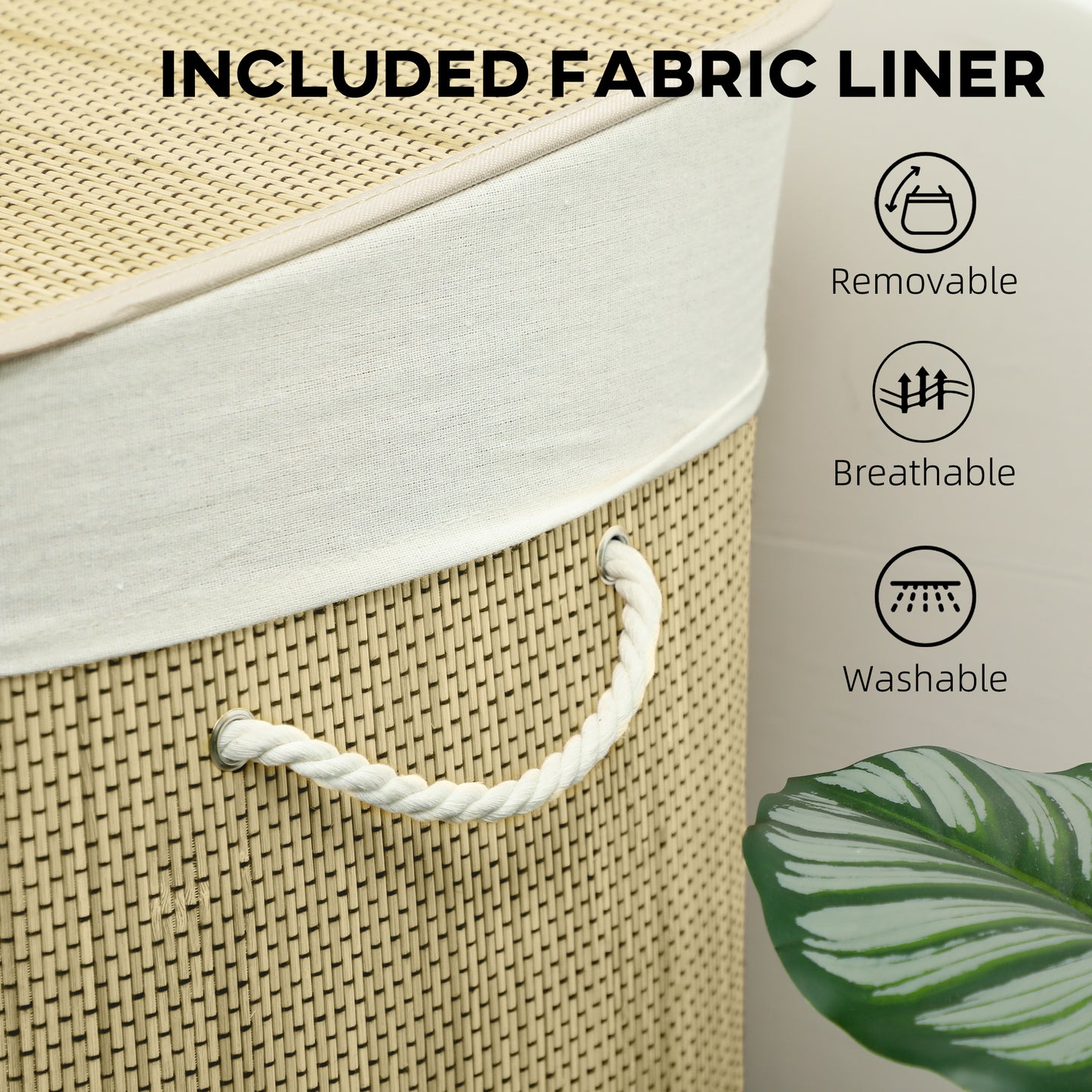 HOMCOM 3 Section Laundry Hamper With Lid 144L Bamboo Laundry Basket With Handles Removable Washable Liner Cream White