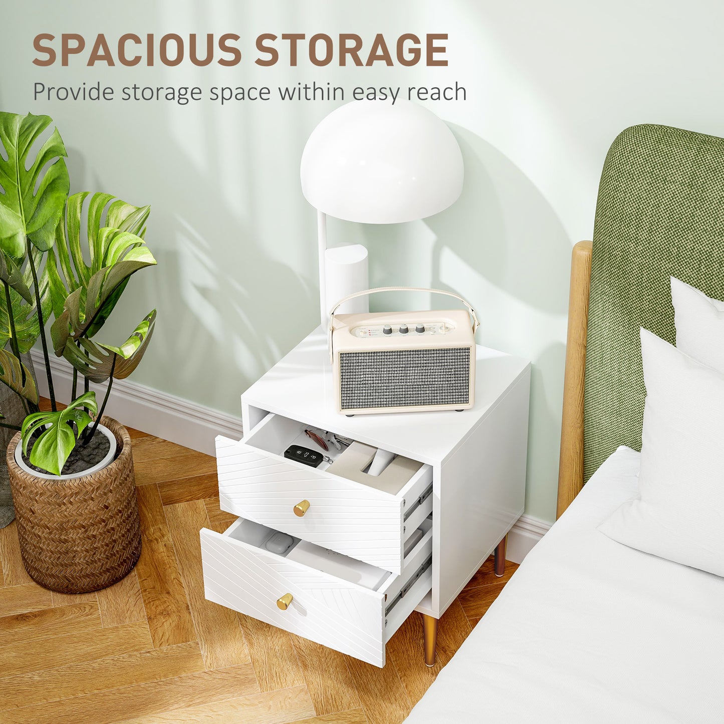 HOMCOM Elegant White And Gold Tone Two Drawer Bedside Table With Metal Legs And Spacious Storage