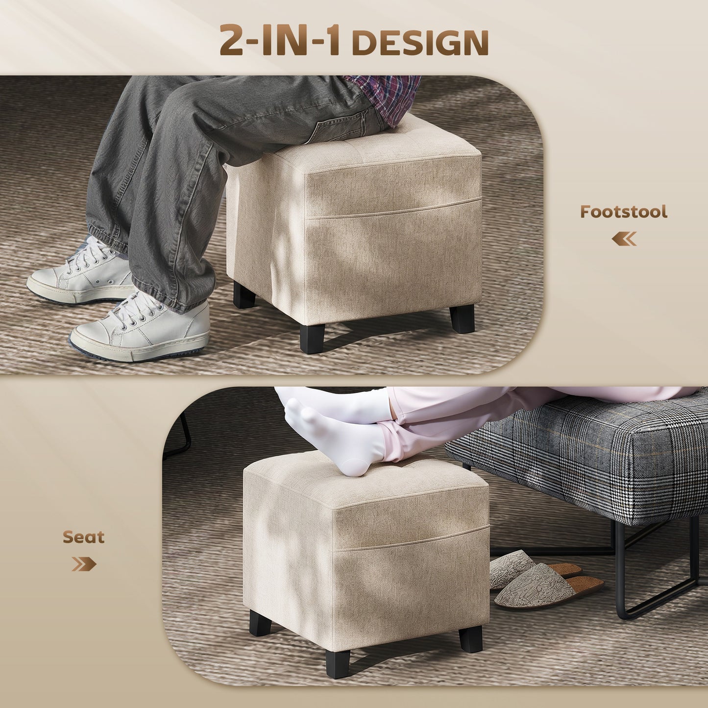 HOMCOM Small Storage Ottoman Square Footstool With Side Pocket Rubber Wood Legs Padded Beige Living Room