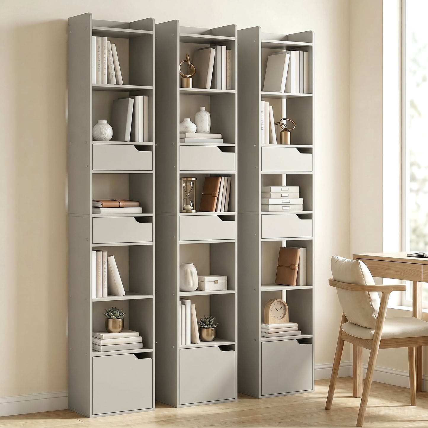 HOMCOM Tall Narrow Bookcase With 5 Tiers And Drawers Freestanding Storage Cabinet For Living Room Grey