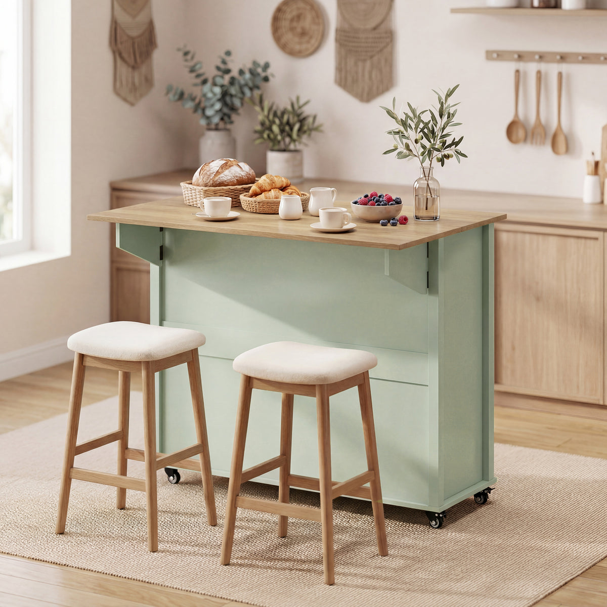 Light green kitchen island with drop leaf, wood countertop, and two matching stools