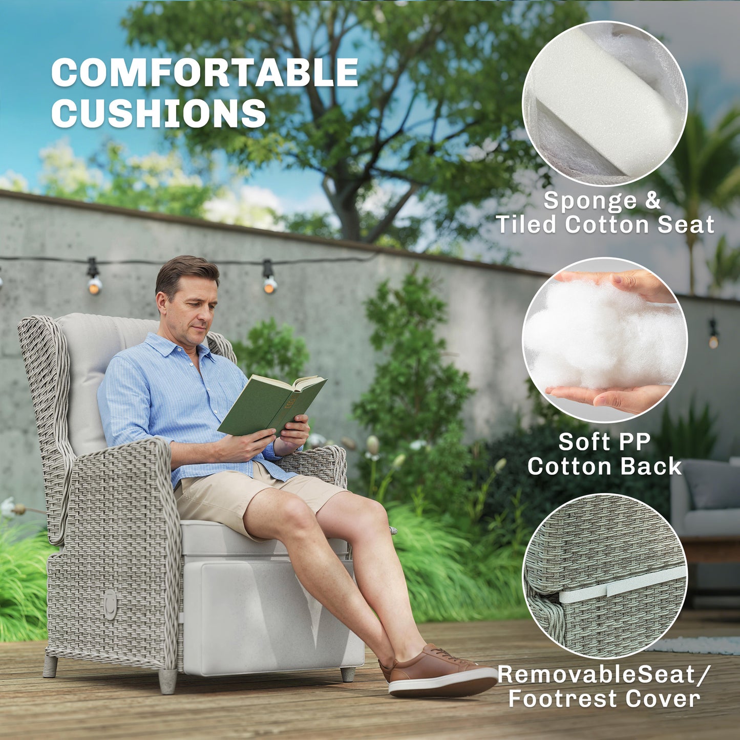 Outsunny Rattan Garden Recliner Chair With Adjustable Back and Footrest Flip Table Cushion Light Grey