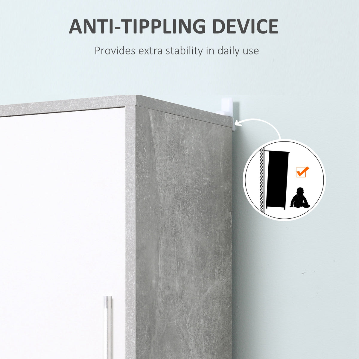 Corner view of tall grey cabinet showing stable anti-tip support at the base