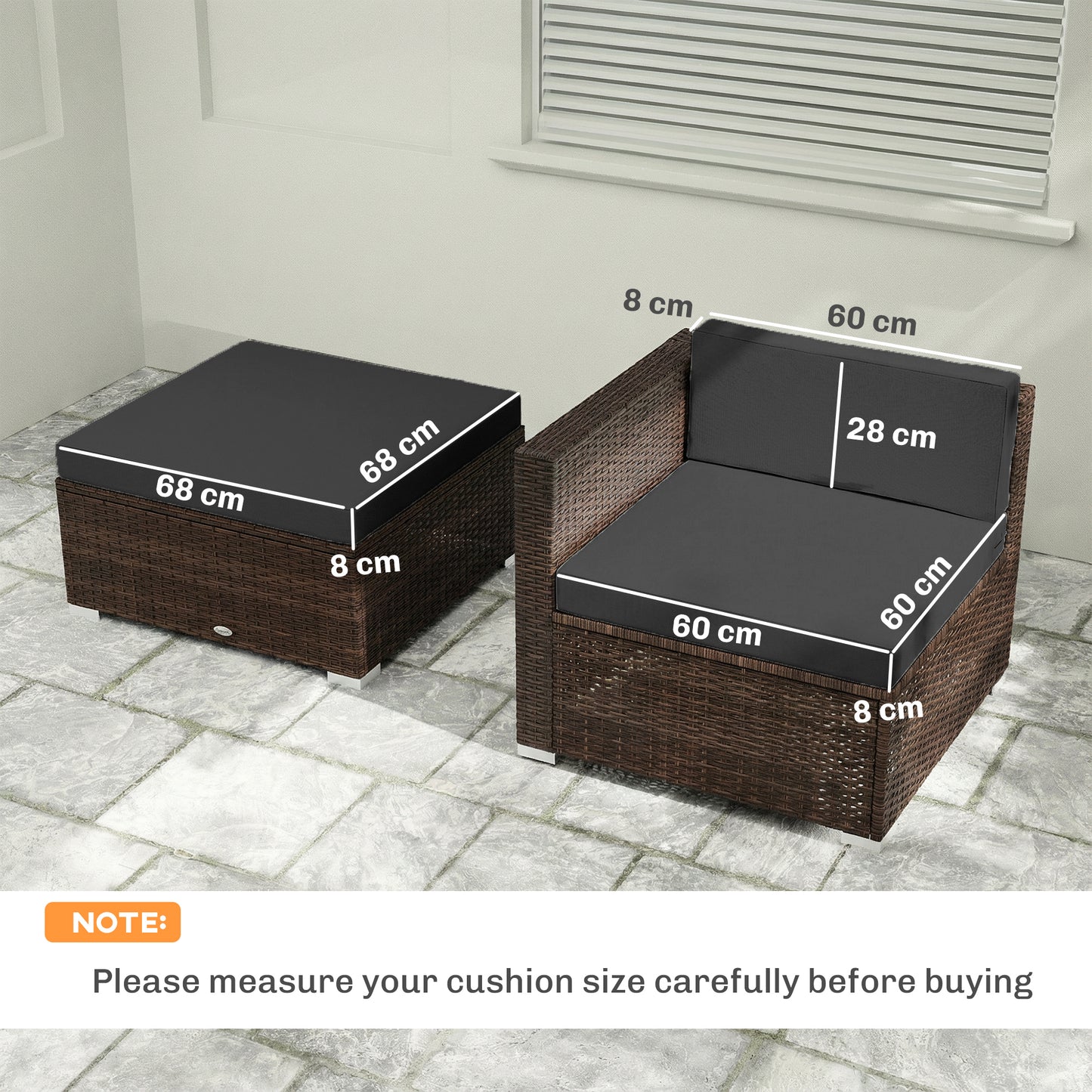 Outsunny 7 Piece Patio Furniture Cushions Outdoor Loveseat Cushion with Removable Covers for Rattan 60x60 cm Black