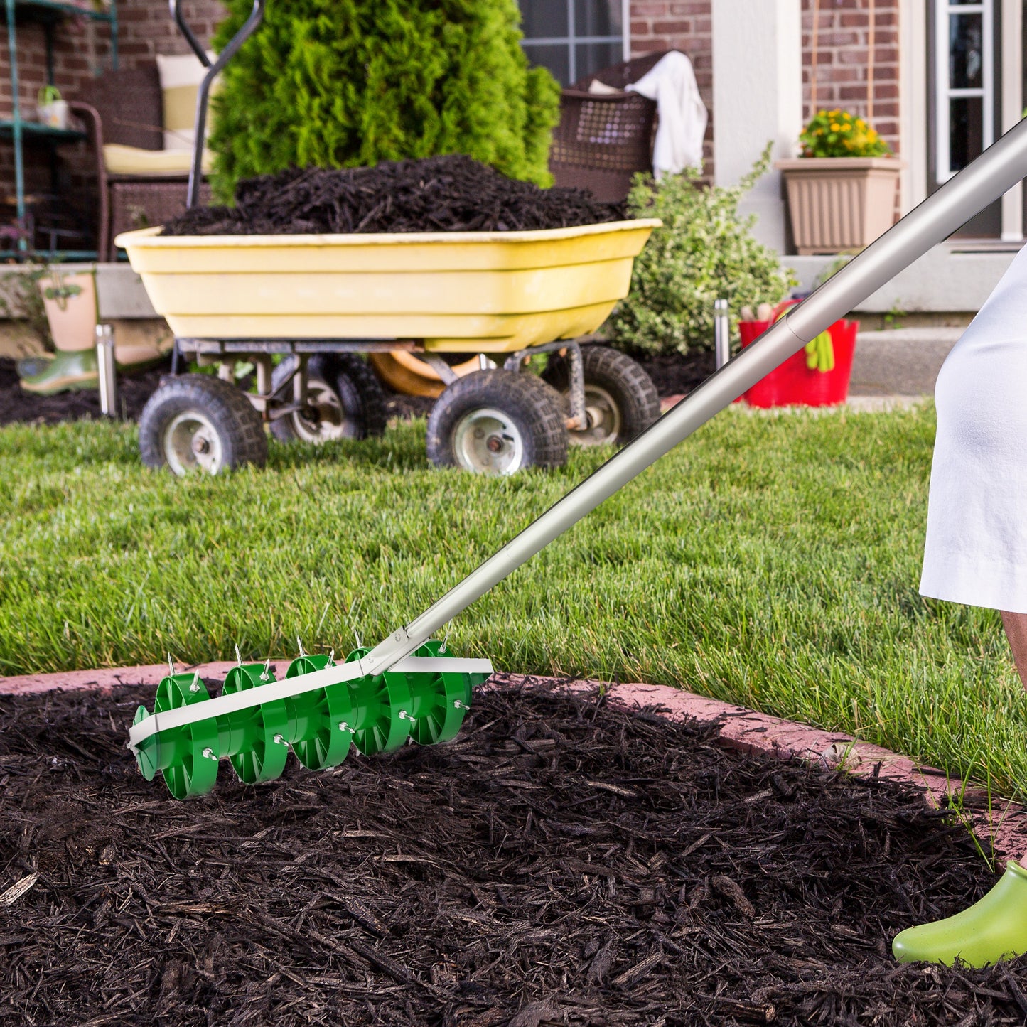 Outsunny Rolling Lawn Aerator Manual With 150 Mm Spiked Roller And 30 Mm Spikes Detachable 3 Piece Handle And T Bar Grip