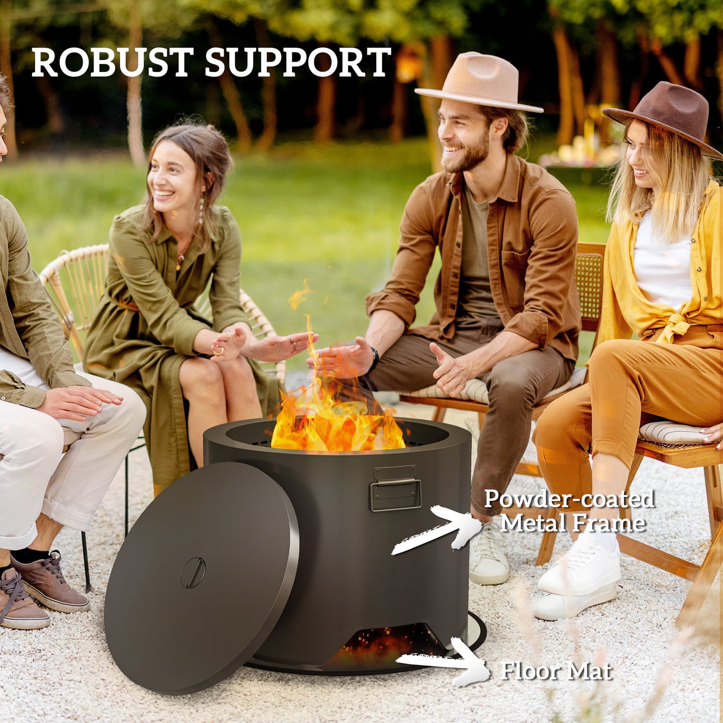 Outsunny Outdoor Round Fire Pit With Lid And Fire Poker In Black For Safe Marshmallow Roasting And Cozy Garden Nights