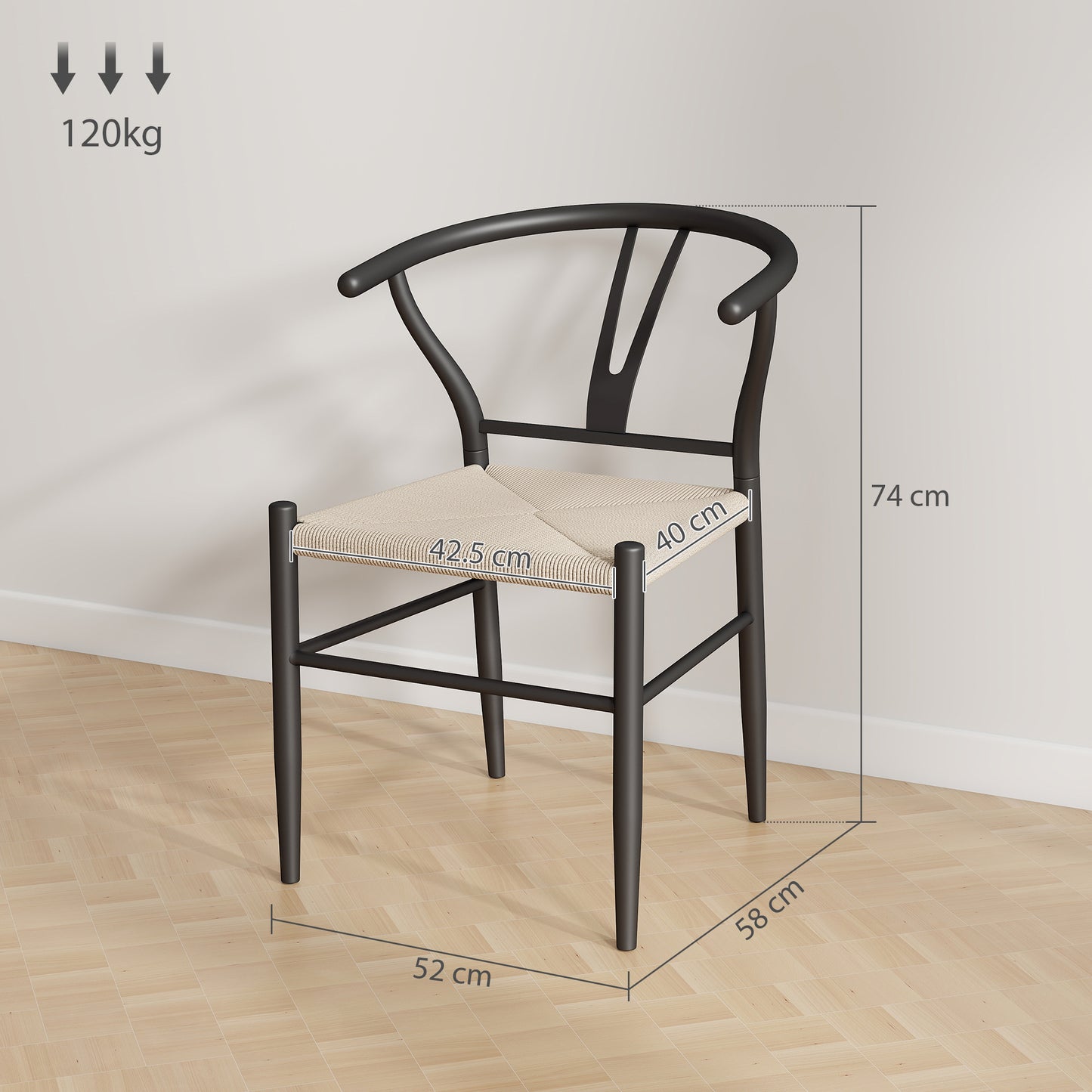 HOMCOM Set Of Two Weave Dining Chairs With Y Shaped Backrest And Hemp Seat Black And Beige