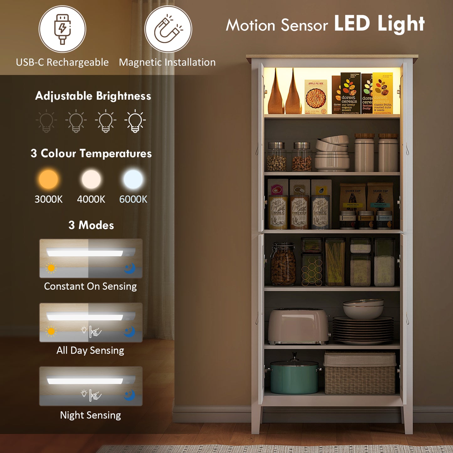 HOMCOM 176.5 cm Tall Pantry Cupboard With Motion Sensor LED Light White For Kitchen Storage
