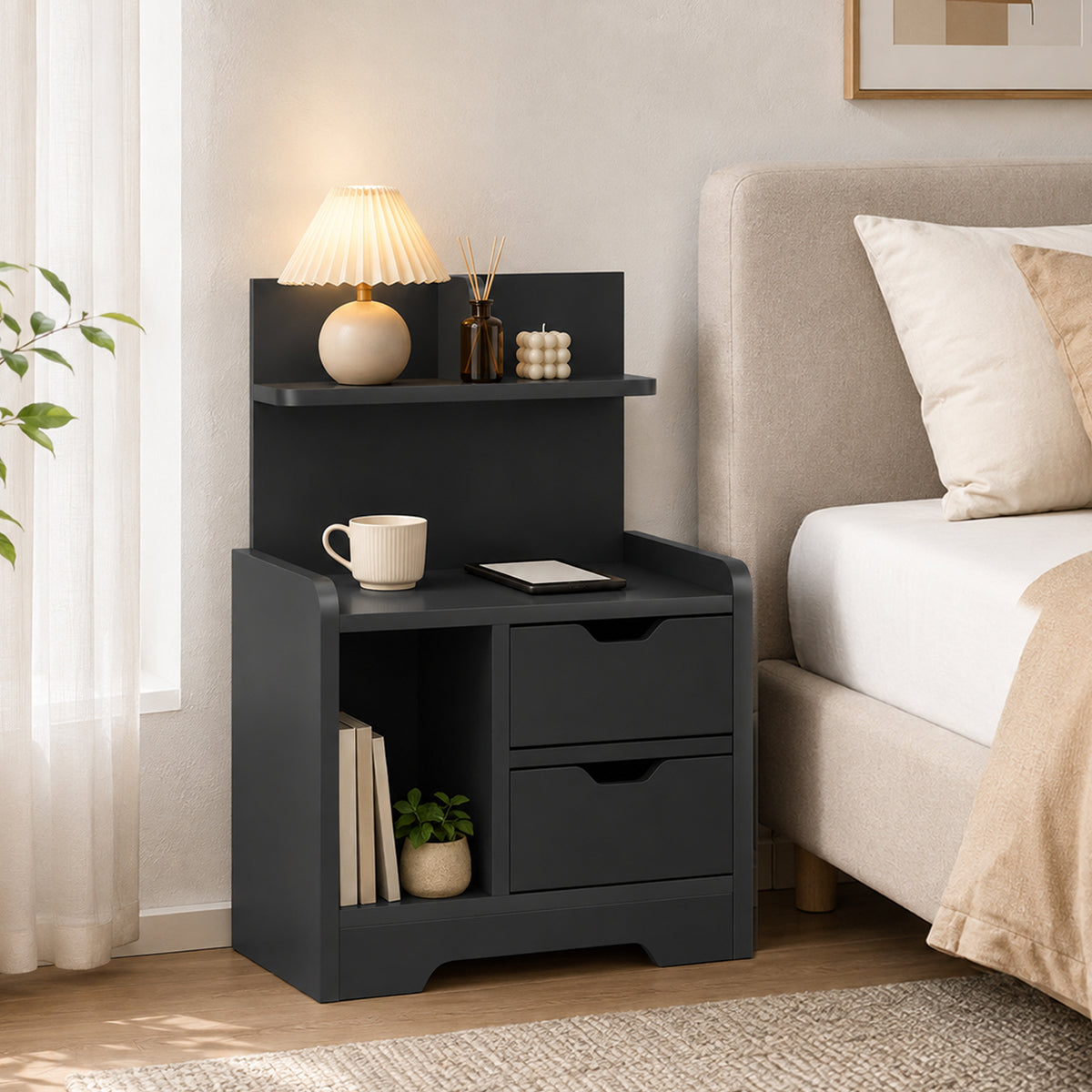 HOMCOM Black Wood Effect Bedside Table With Drawers And Shelf