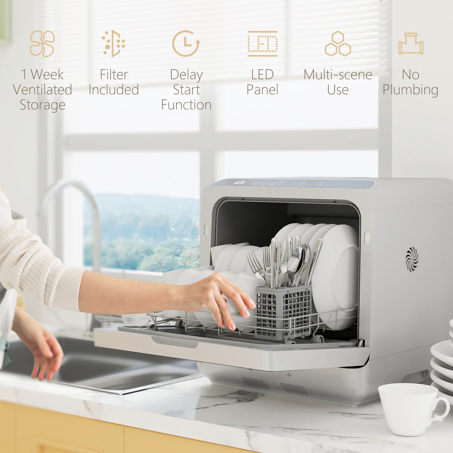 HOMCOM Table Top Dishwasher With Built In 6L Water Tank 6 Programs 4 Place Settings Compact Countertop Silver