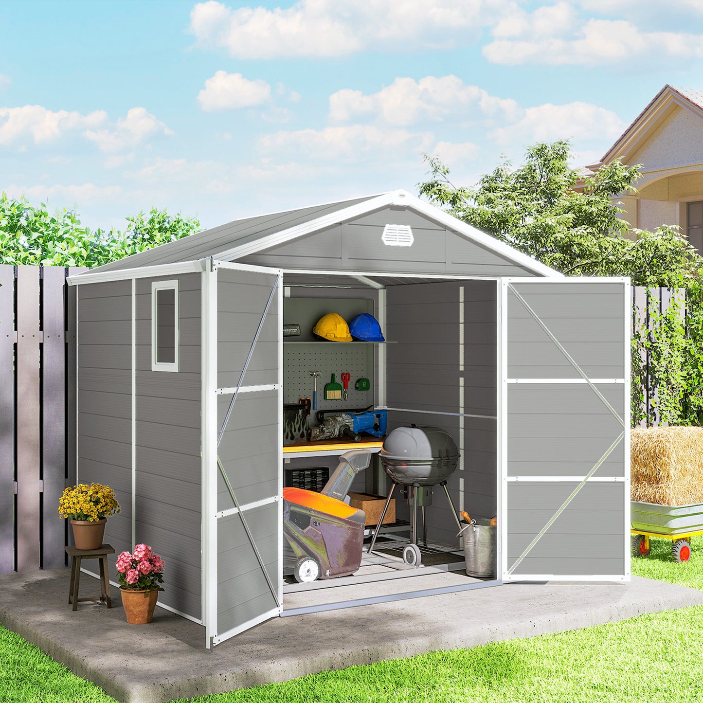 Outsunny 7.9 By 6.2 Ft Aluminium Frame Rust Resistant Waterproof Garden Tool Shed With Galvanised Foundation Light Grey