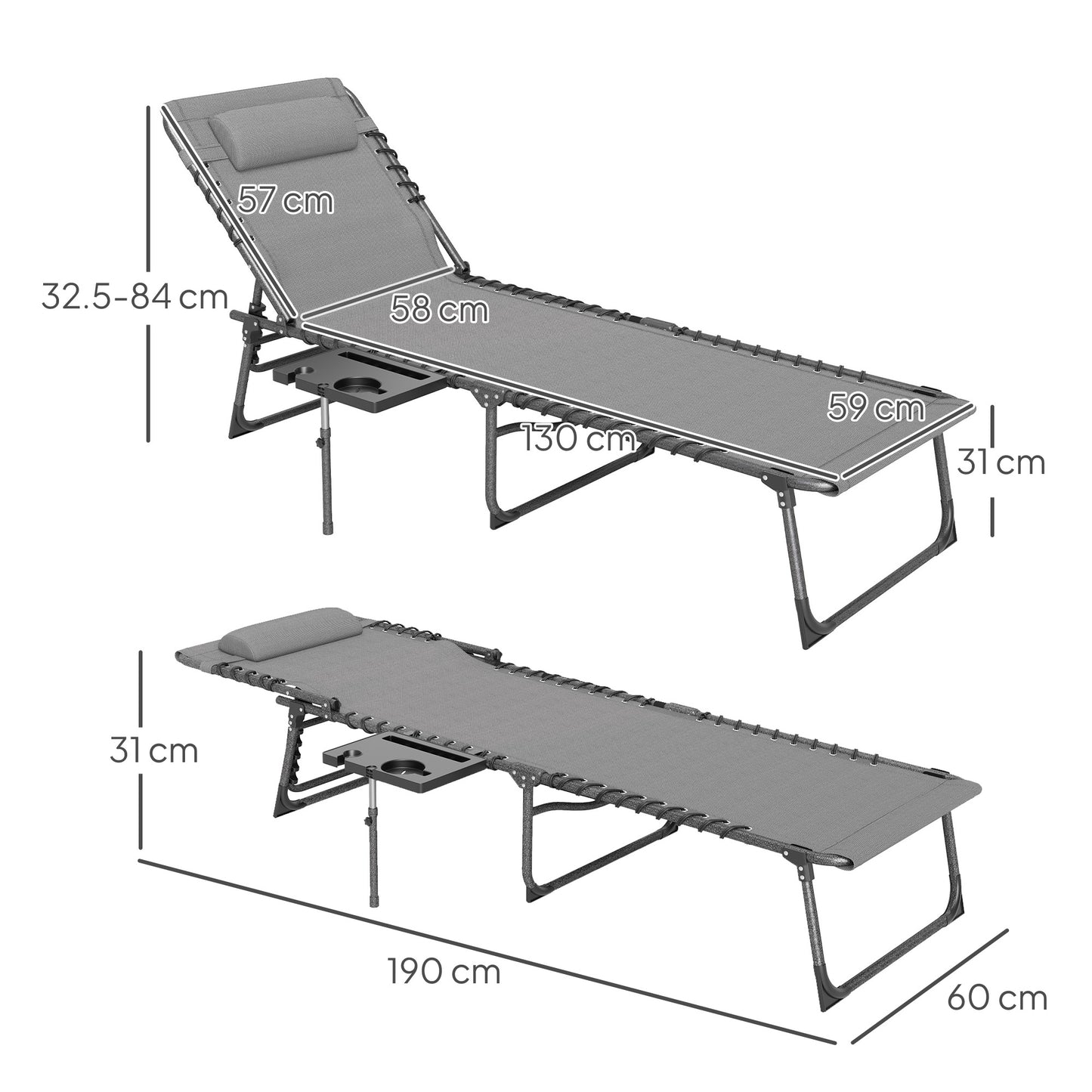 Outsunny Five Position Reclining Sun Lounger Grey With Removable Pillow Durable Steel Frame Outdoor Patio