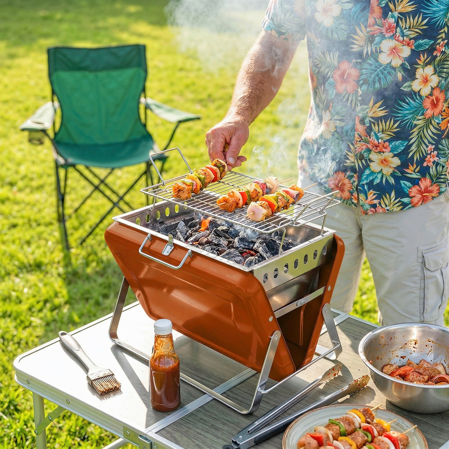 Outsunny Portable Charcoal BBQ Grill Stainless Steel Tilting Grate For Camping Picnic Garden Orange