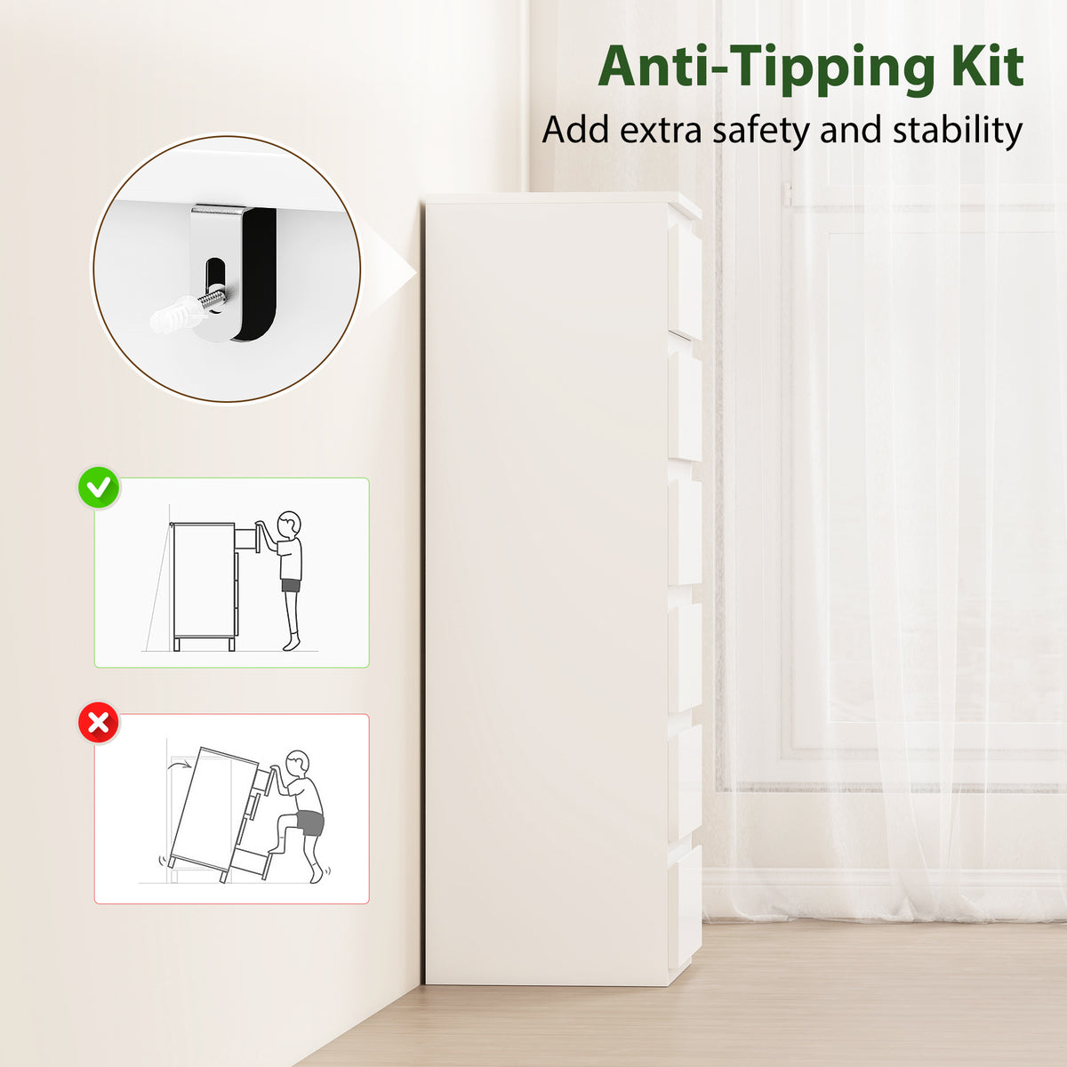 High-gloss white 6-drawer slim chest of drawers with anti-tipping wall fixture
