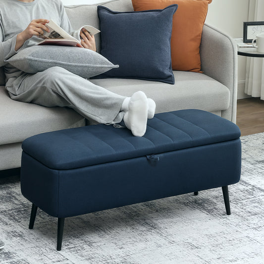 HOMCOM Linen-Look Storage Ottoman 92 x 31 cm with Padded Lid Dark Blue for Living Room and Bedroom