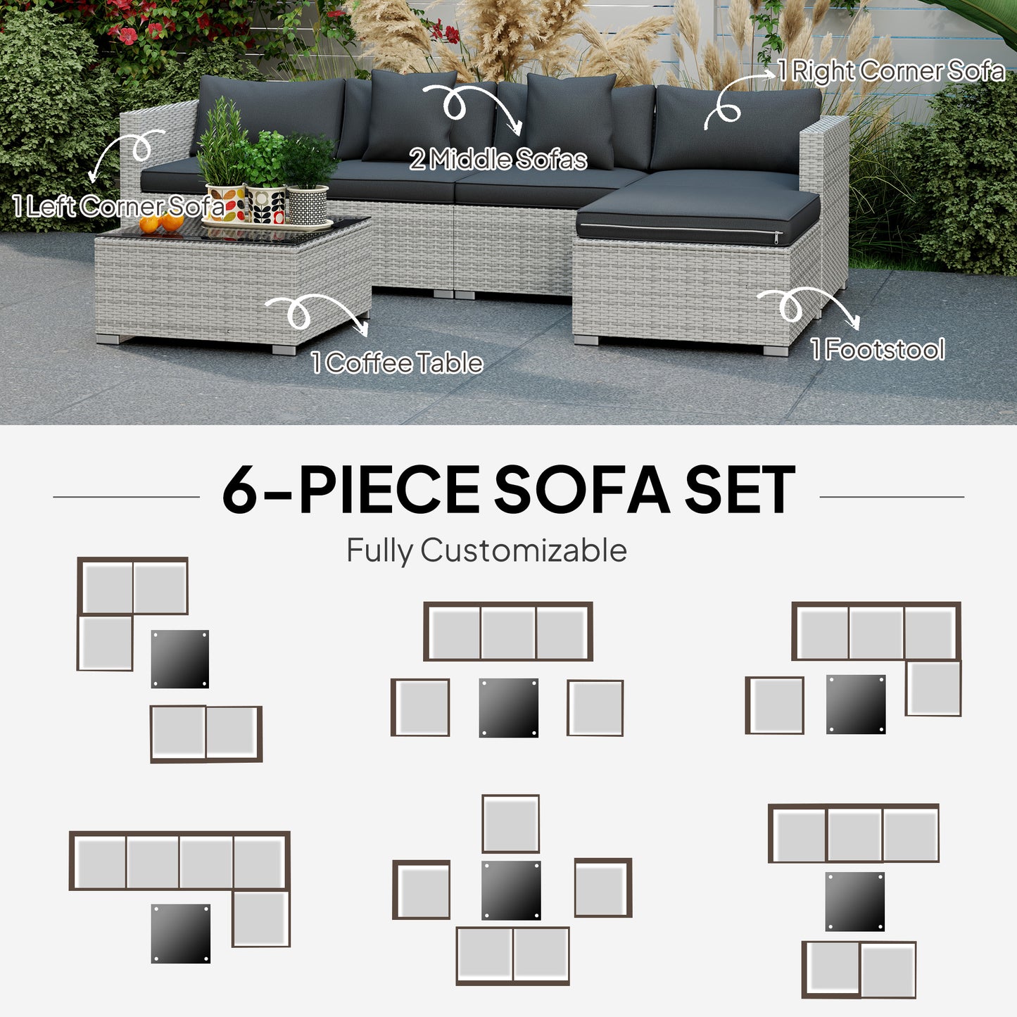 Outsunny 6 Piece Rattan Corner Sofa Set Outdoor With Metal Frame And PE Rattan Glass Top Coffee Table Mixed Grey