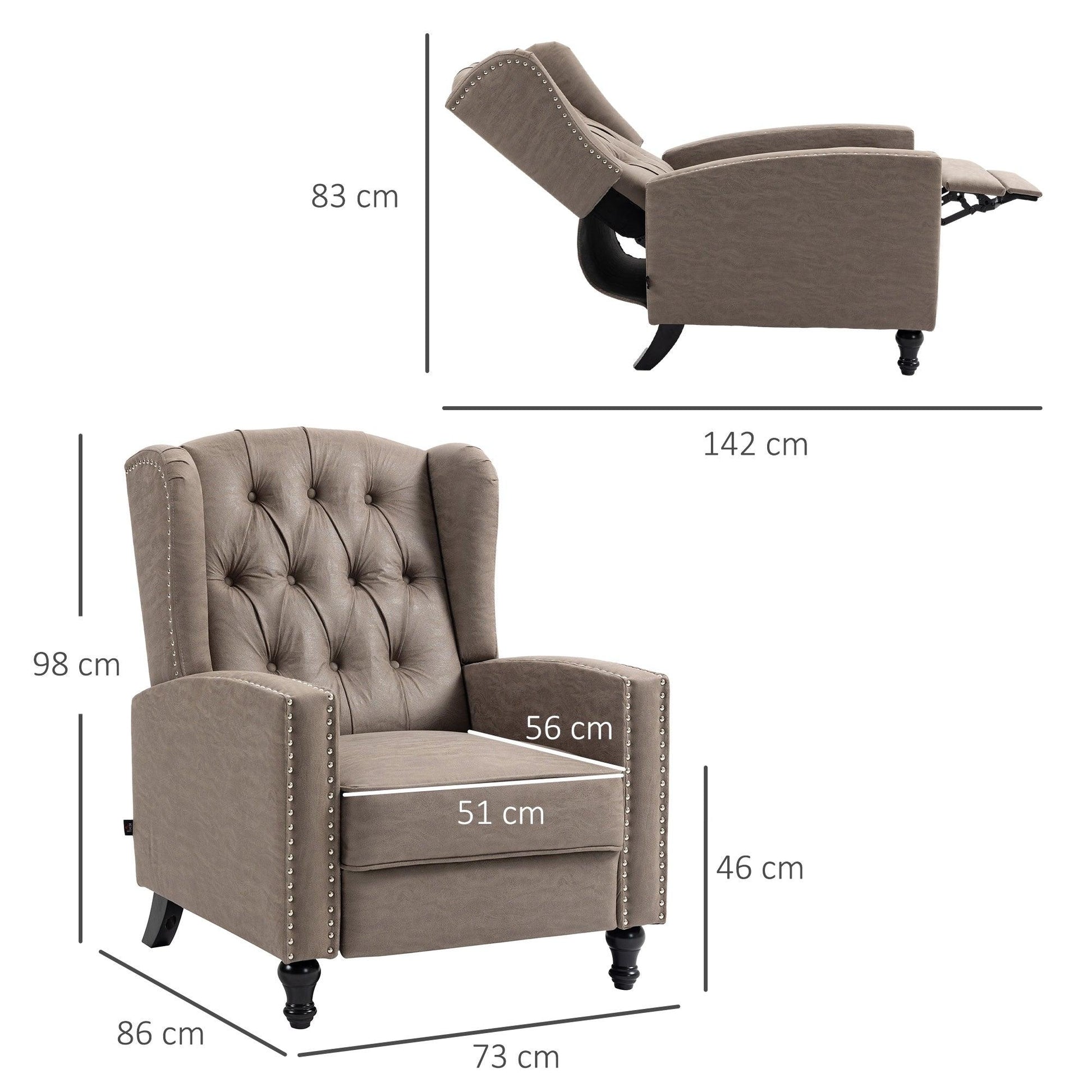 HOMCOM Studded Upholstered Reclining Armchair w/ Retractable Footrest Brown - ALL4U RETAILER LTD