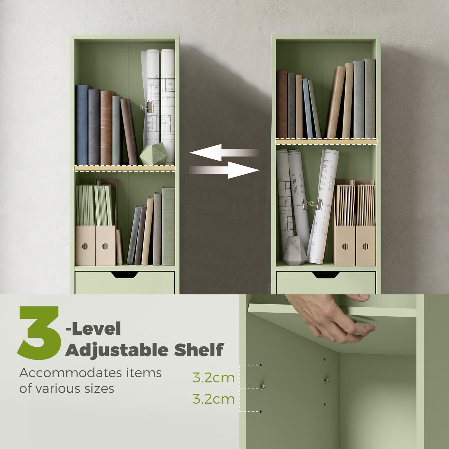 HOMCOM Six Tier Tall Narrow Bookcase With Drawer And Door Green For Clutter Free Living Room Home Office Storage