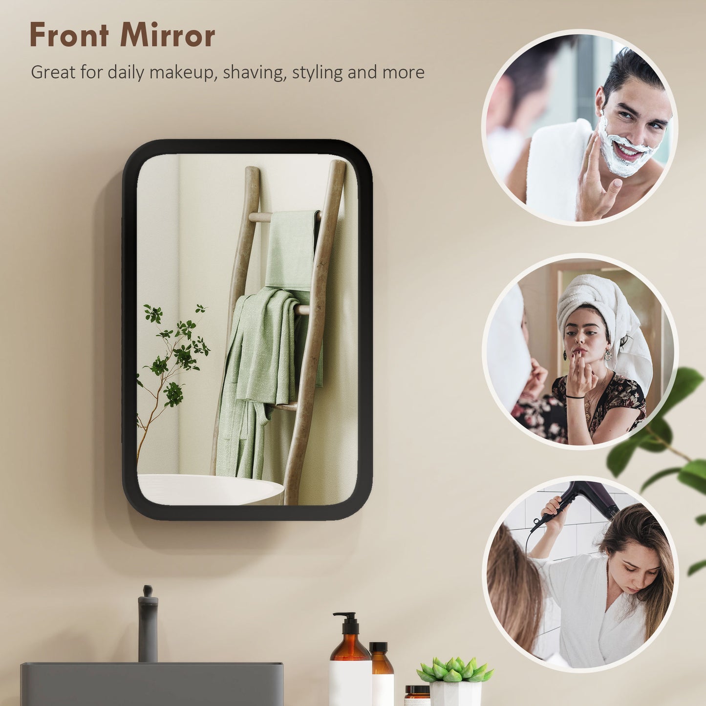 HOMCOM Bathroom Wall Cabinet With Tempered Mirror And Metal Frame For Bathroom Storage 3 Shelves Black